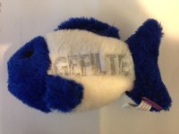 blue and white fish-shaped stuffed toy with "gefilte" written on it