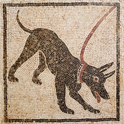 Ancient mosaic showing black dog on a red leash