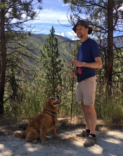 Golden retriever Cali gazes lovingly at Ken, our digital nomad friend