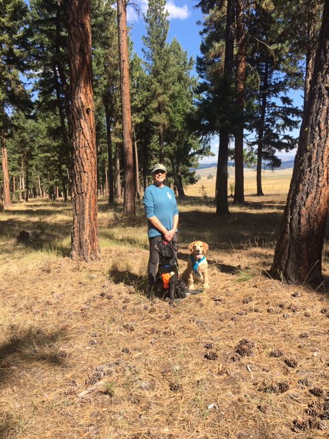 Deni stands with golden retriever Cali and Guiding Eyes Koala in the woods