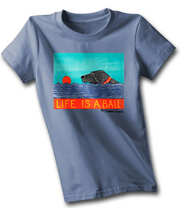A blue t-shirt with a graphic of a black Lab swimming after a red ball