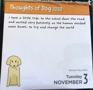 Calendar page showing dog saying "Today I waited patiently while the human checked little boxes to try to change the world"