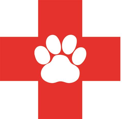A red cross with a paw print in the center