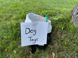 A white bag sits on the grass with a sign reading "Gently Loved Dog Toys Take One!"